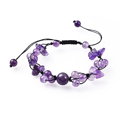 Amethyst Adjustable Nylon Cord Braided Bead Bracelets, with Natural Amethyst Beads, 1-3/8 inch(37mm)