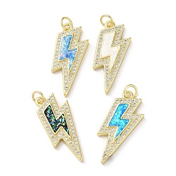 Mixed Color Brass Micro Pave Clear Cubic Zirconia Pendants, with Synthetic Opal and Jump Ring, Real 18K Gold Plated, Lightning, Mixed Color, 26x15x3mm, Hole: 3.6mm