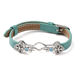 Бирюза Регулируемый браслет из коровьей кожи для изготовления бусин, с фурнитурой в виде цветов из латуни, инкрустированной микрофиброй и синтетическим бирюзовым камнем, и застежками из нержавеющей стали., цвет нержавеющей стали, бирюзовые, пригодный для 304 мм бусы, 11 дюйм (9.61 см)