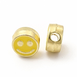 Gold Rack Plating Alloy Enamel Beads, Cadmium Free & Nickel Free & Lead Free, Flat Round with Smiling Face Pattern, Light Gold, Gold, 7.5x4mm, Hole: 2mm