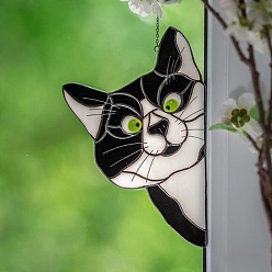 Cat Shape Stained Acrylic Window Hanger Panel, for Suncatcher Window Hanging Decoration, Cat Shape, 365mm
