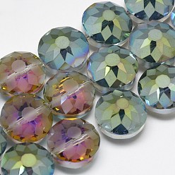Medium Sea Green Electroplate Glass Beads Strands, Frosted, Rainbow Plated, Faceted, Flat Round, Medium Sea Green, 14x8~10mm, Hole: 1.5mm, about 50pcs/strand, 26.77 inch