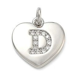 Letter D Латунные микропаве прозрачные подвески с фианитом, сердце прелести, без кадмия и без свинца, стойки покрытие, долговечный, платина, Буква D, 15x15x2 мм, отверстие : 3 мм