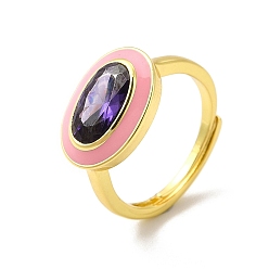 Pearl Pink Purple Cubic Zirconia Oval Adjustable Ring, Rack Plating Real 18K Gold Plated Brass Enamel Jewelry for Women, Long-Lasting Plated, Cadmium Free & Lead Free, Pearl Pink, US Size 6, Inner Diameter: 16.5mm, 2mm, Oval: 11x15mm