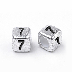 Number Античные посеребренные акриловые бусины, куб с черным числом, кол. 7, 6 мм, отверстие : 3 мм, Около 150000 шт / 25000 г