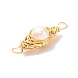 White Natural Cultured Freshwater Pearl Beads Links Connectors, with Real 18K Gold Plated Eco-Friendly Copper Wire, Round, White, 23.5~24x7.5~8x7.5mm, Hole: 3mm