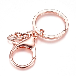 Rose Gold Iron Split Key Rings, Keychain Clasp Findings, with Alloy Lobster Claw Clasps and Iron Curb Chains, Rose Gold, 68mm