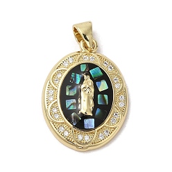 Black Oval with Virgin Mary Brass Micro Pave Clear Cubic Zirconia Pendants, with Enamel & Shell, Long-Lasting Plated, Lead Free & Cadmium Free, Real 18K Gold Plated, Black, 22x16x4mm, Hole: 5x3.5mm