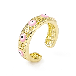 Pearl Pink Enamel Evil Eye Open Cuff Ring, Real 18K Gold Plated Brass Hollow Out Hexagon Finger Ring for Women, Cadmium Free & Lead Free, Pearl Pink, US Size 7 1/2(17.7mm)