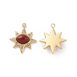 Carnelian Natural Carnelian Pendants, with Ion Plating(IP) Real 18K Gold Plated 304 Stainless Steel Micro Pave Cubic Zirconia Findings, Star Charm, 22x18.5x5mm, Hole: 1.8mm