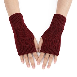 Dark Red Acrylic Fiber Yarn Knitting Fingerless Gloves, Winter Warm Gloves with Thumb Hole, Dark Red, 200x70mm