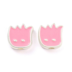 Hot Pink Alloy Enamel Beads, Matte Silver Color, Flower, Hot Pink, 10x10x4mm, Hole: 2mm
