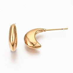Real 18K Gold Plated Brass Half Hoop Earrings, Crescent Moon Stud Earrings, Nickel Free, Real 18K Gold Plated, 20~24x12~14mm, Pin: 0.7mm