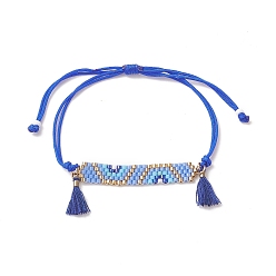 Blue Handmade Japanese Seed Rectangle with Flower Link Braided Bead Bracelet, Tassel Charm Bracelet for Women, Blue, Maximum Inner Diameter: 3-1/2 inch(9cm)