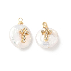 Настоящее золото 18K Подвески из натурального пресноводного жемчуга, покрытие стойки латунное паве прозрачные подвески в виде креста с кубическим цирконием, долговечный, реальный 18 k позолоченный, 14~21x9~16x5~9 мм, отверстие : 1.5 мм
