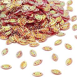 Cerise Plastic Sequins Beads, Golden Sheen, Sewing Craft Decorations, Leaf, Cerise, 4.5x8.5x0.4~0.6mm, Hole: 0.9mm
