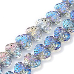 Dodger Blue Electroplate Transparent Glass Beads Strands, Heart, Dodger Blue, 15x13mm, Hole: 1.2mm, about 50pcs/strand, 25.59''(65cm)