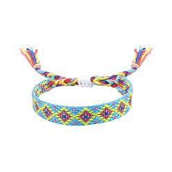 Light Sky Blue Rhombus Polyester Braided Cord Bracelet, Ethnic Tribal Adjustable Bohemia Bracelet, Light Sky Blue, 7-1/8 inch(18cm)