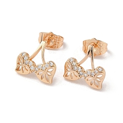 Light Gold Brass Rhinestone Stud Earrings, Leaf, Light Gold, 12x13mm