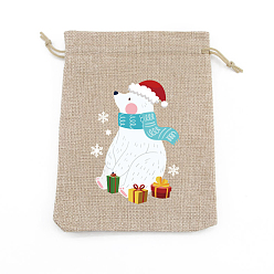 Bear Rectangle Christmas Themed Burlap Drawstring Gift Bags, Gift Pouches for Christmas Party Supplies, BurlyWood, Bear, 14x10cm