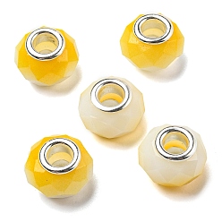 Желтый Стеклянные шампала бусины, бусины с большим отверстием, с двойных ядер серебрянного цвета, граненые, шайба, желтые, 14x9 мм, отверстие : 5 мм