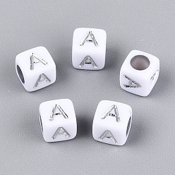 Letter A Акриловые бусины, горизонтальное отверстие, металлическое покрытие, куб с письмом, буква a, 6x6x6 мм, отверстие : 3.5 мм, 2600 шт / 500 г