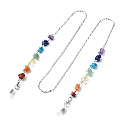 Stainless Steel Color Natural Mixed Gemstone Chips Beaded Eyeglasses Chains, Neck Strap for Eyeglasses, with 304 Stainless Steel Cable Chains, Zinc Alloy Clasps, Stainless Steel Color, 750mm, Hole: 4~5x2~3mm