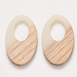 Linen Transparent Resin & Wood Pendants, Waxed, Oval, Linen, 35.5x21.5x3~4mm, Hole: 16x10mm