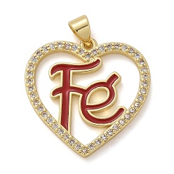 Красный Латунные микро проложить кубического циркония подвески, с эмалью, долговечный, без свинца и без кадмия, стойки покрытие, реальный 18 k позолоченный, сердце со словом fe charm, красные, 24x24x2 мм, отверстие : 4x3.5 мм