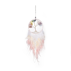 Colorful Iron Woven Web/Net with Feather Pendant Decorations, with Plastic and Gemstone Beads, Covered with Leather and Brass Cord, Flat Round with Tree of Life, Colorful, 655mm