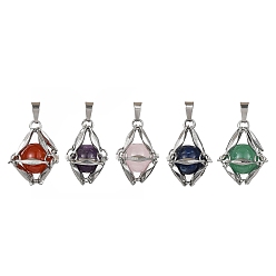Stainless Steel Color Natural Mixed Gemstone Round Bead Pendants, 304 Stainless Steel Link Chains Charms, Mixed Dyed and Undyed, Stainless Steel Color, 19.5x15x15mm, Hole: 4.5x2.5mm