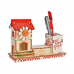 Floral White DIY 3D Wooden Puzzle, Hand Craft Sunflower House Model Kits,  with Pen Holder, Woodcraft Gift Assembly Toy for Children, Friend, Floral White, 72x182x123mm, 28pcs/set