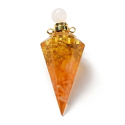 Смешанные камни Подвески для флаконов духов из натурального цитрина и розового кварца, подвески в виде граненых конусов из смолы с завинчивающейся крышкой из позолоченной латуни, 46.5~48x19~20x17~18 мм, отверстие : 1.8 мм