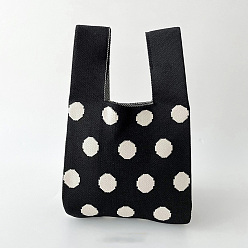 Black Polyester Polka Dot Knitted Tote Bags, Cartoon Crochet Handbags for Women, Black, 36x20cm