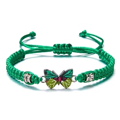 Green Butterfly Alloy Enamel Link Bracelet with Rhinestone, Braided Adjustable Bracelet, Green, Inner Diameter: 2-3/8 inch(6cm)