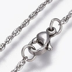 Stainless Steel Color 304 Stainless Steel Rope Chain Necklaces, with Lobster Claw Clasp, Stainless Steel Color, 17.7 inch(45cm), 1.6mm