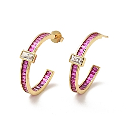Magenta Cubic Zirconia Rectangle Stud Earrings, Real 18K Gold Plated Brass Half Hoop Earrings for Women, Magenta, 25x3.5mm, Pin: 0.8mm