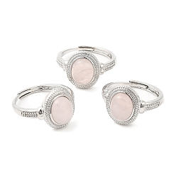 Rose Quartz Natural Rose Quartz Oval Adjustable Ring, Platinum Brass Jewelry for Women, Cadmium Free & Lead Free, 2.5~3.3mm, Inner Diameter: 18.8mm
