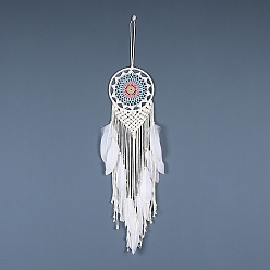 White Iron Bohemian Woven Web/Net with Feather Macrame Wall Hanging Decorations, for Home Bedroom Decorations, White, 590mm