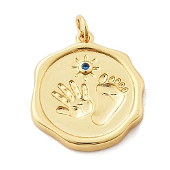 Синий Стойка металлическая латунная микропрофилированная кубическая циркония подвески, круглая с отпечатками ладоней и ног, с целью перехода в кольце, без свинца и без кадмия, долговечный, реальный 18 k позолоченный, синие, 22.5x20x3.5 мм, отверстие : 3 мм
