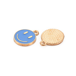 Royal Blue Alloy Enamel Charms, Cadmium Free & Lead Free, Smiling Face, Light Gold, Royal Blue, 14.5x12x1.5mm, Hole: 1.5mm