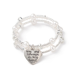 White Crystal Rhinestone Tennis Wrap Cuff Bangle with Imitation Pearl Beaded, Alloy Heart with You Are Always In My Heart Charm Bracelet for Women, White, Inner Diameter: 2-1/8 inch(5.3cm)