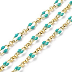 Dark Turquoise Enamel Oval Link Chains, with Real 18K Gold Plated Brass Findings, Soldered, with Spool, Dark Turquoise, 4x7x1mm