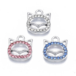 Mixed Color Alloy Charms, with Rhinestone, Cadmium Free & Nickel Free & Lead Free, Fox, Platinum, Mixed Color, 13.5x12.5x2.5mm, Hole: 2mm