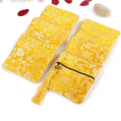 Gold Square Chinese Style Brocade Zipper Bags with Tassel, for Bracelet, Necklace, Random Pattern, Gold, 11.5x11.5cm
