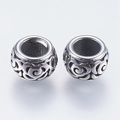 Antique Silver 304 Stainless Steel European Beads, Large Hole Beads, Rondelle, Antique Silver, 7.5x5mm, Hole: 4mm