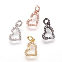 Mixed Color Brass Micro Pave Cubic Zirconia Pendants, Heart Charms, Mixed Color, 12.5x8x2mm, Hole: 3mm