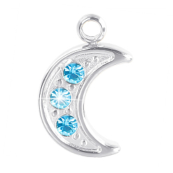 Stainless Steel Color 201 Stainless Steel Rhinestone Pendants, Moon Charms, Stainless Steel Color, 12x8x2mm, Hole: 1mm