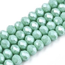 Medium Aquamarine Electroplate Glass Beads Strands, Pearl Luster Plated, Faceted, Rondelle, Medium Aquamarine, 4x3mm, Hole: 0.4mm, about 123~127pcs/strand, 17~17.5 inch(43~44cm)