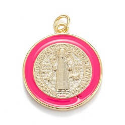 Темно-Розовый Латунь эмаль подвески, реальный 18 k позолоченный, долговечный, плоский круглый со святым, темно-розовыми, 23x20x3 мм, отверстие : 3 мм, Перейти кольцо: 5x0.8 мм